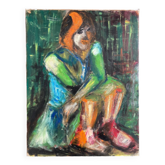 Portrait d'une femme, tableau à l'huile sur toile moderniste du xxe siècle - signé