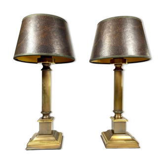 Herda Pair of Regency style table lamps in brass and lampshade in imitation leather, Netherlands