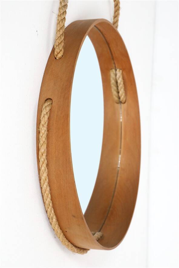 Round mid-century wall mirror / beech / sisal / Danish modern design / 1970s
