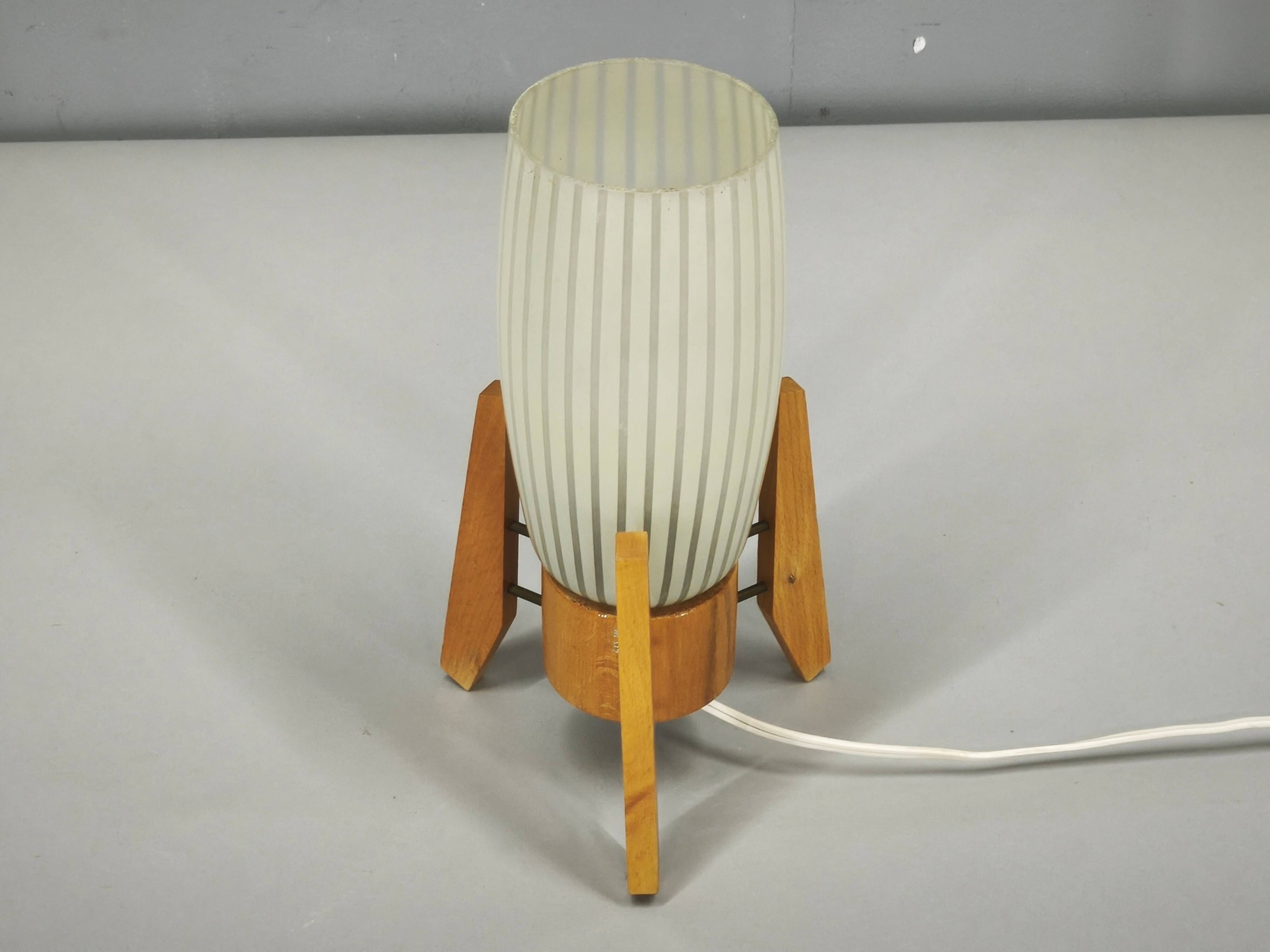 1970s Czech Mid-Century Glass and Wood Tripod Table Lamp by Dřevo Humpolec