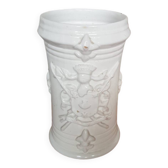 Old White Ceramic Vase Vintage Coat of Arms Decor #A697