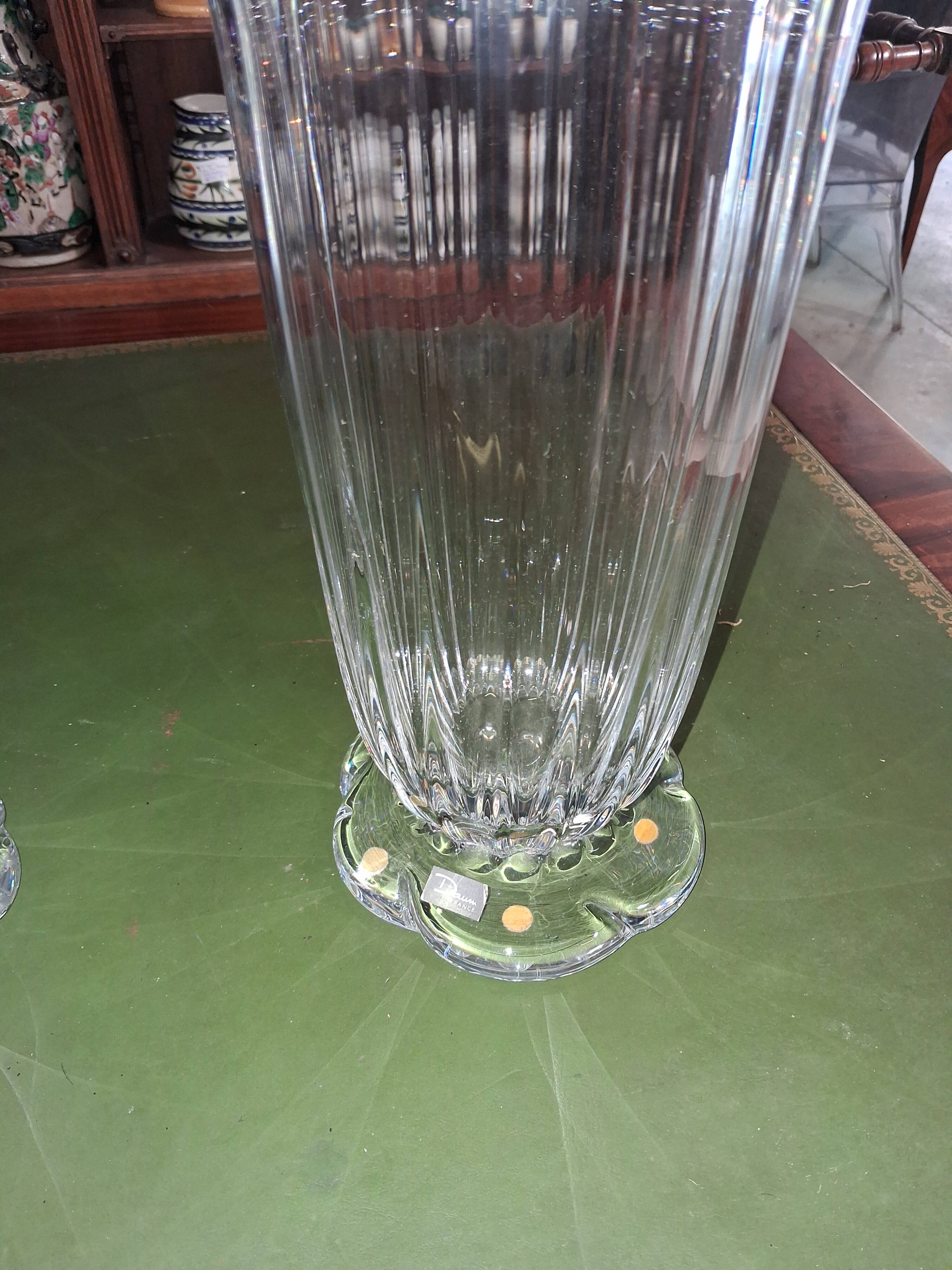 Pair of Daum France crystal cornets vases – Twisted ribbed model