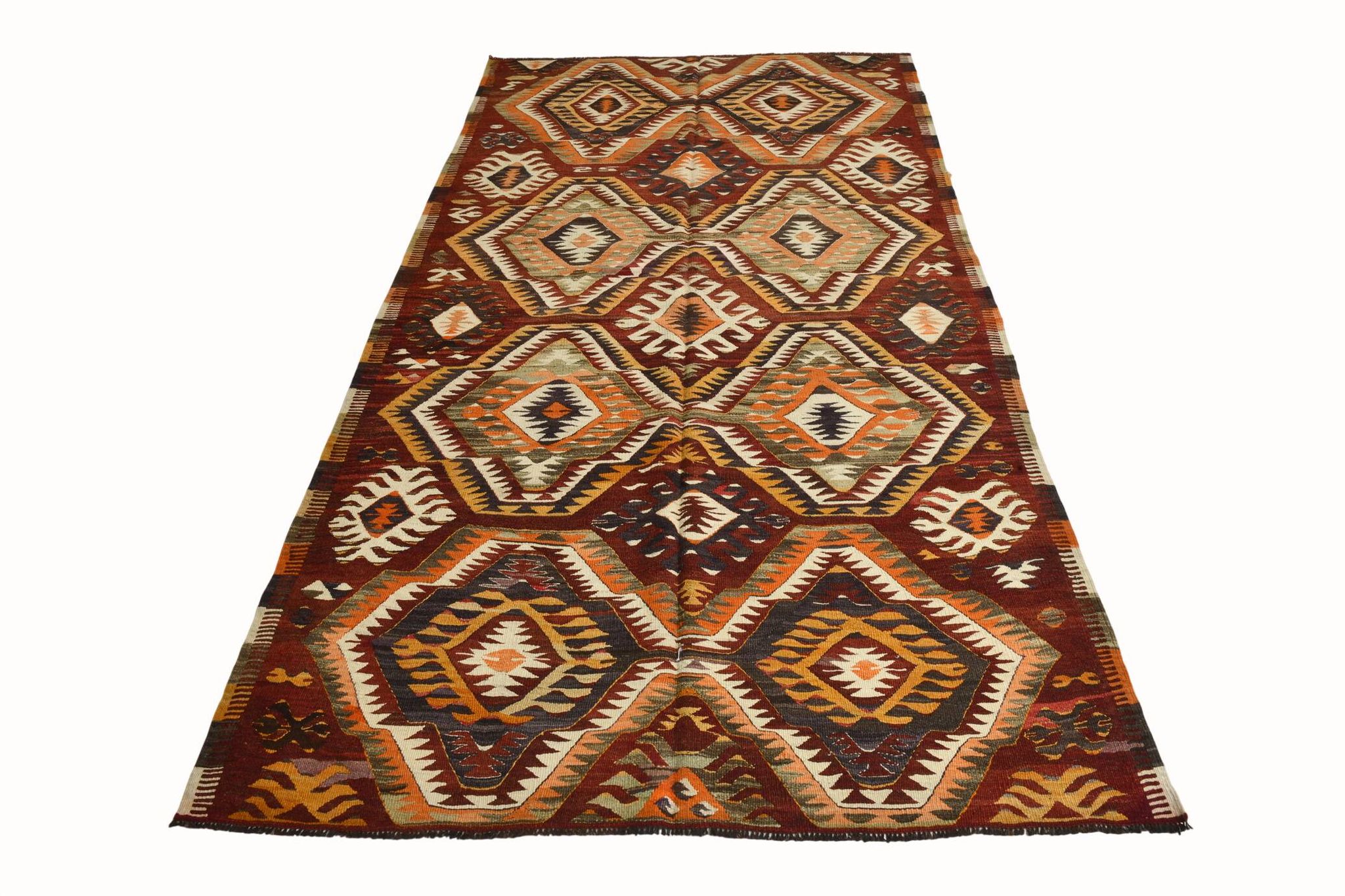 5x9 Dark Red & Cream Turkish Antique Kilim Rug, 150x271Cm