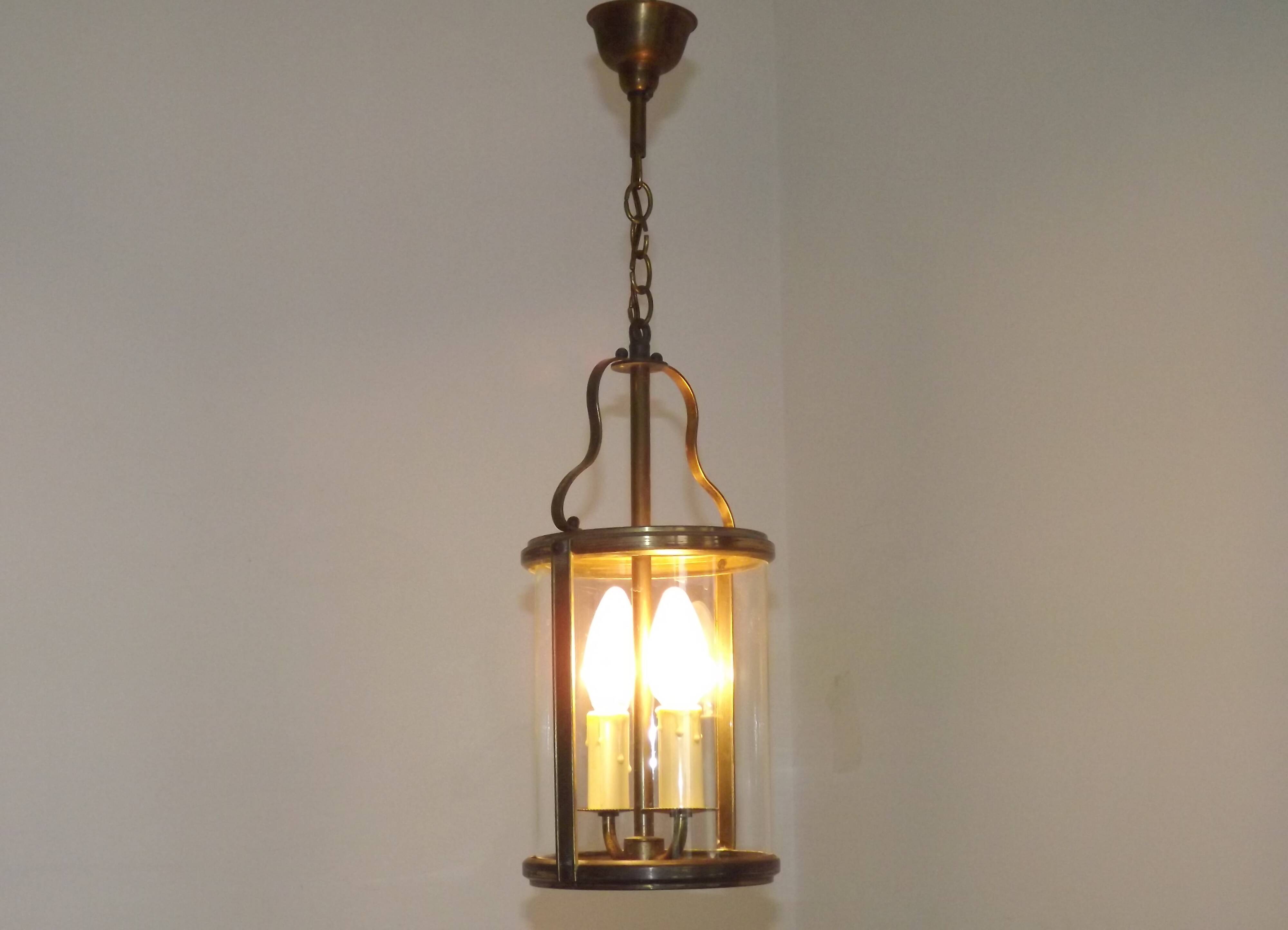 French Vintage Brass 2 Light Hanging Lantern With Cylindrical Glass Shade 4948