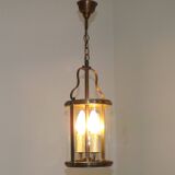 French Vintage Brass 2 Light Hanging Lantern With Cylindrical Glass Shade 4948