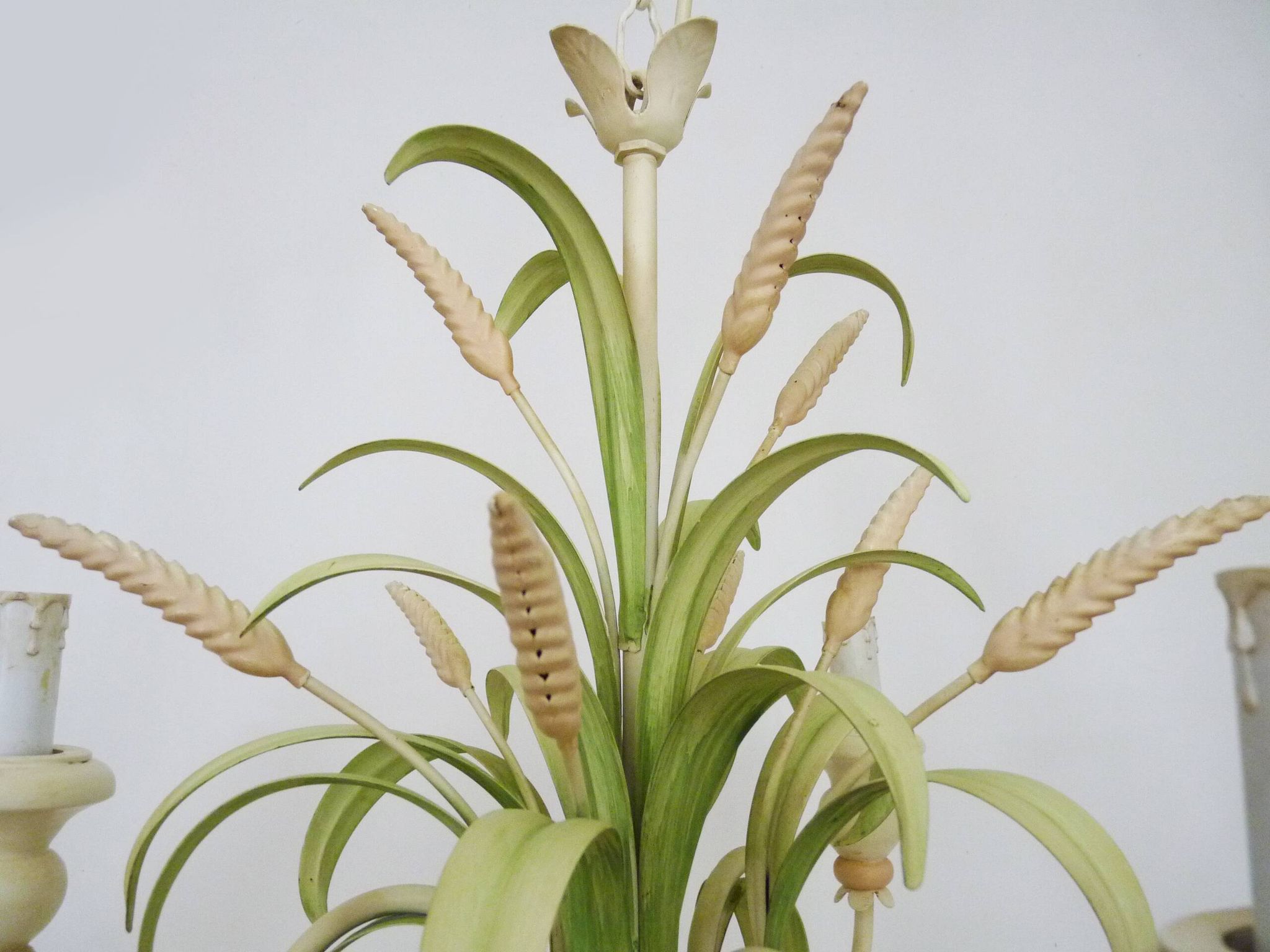 Masca vintage wheat stalk chandelier in off-white and pastel green metal.