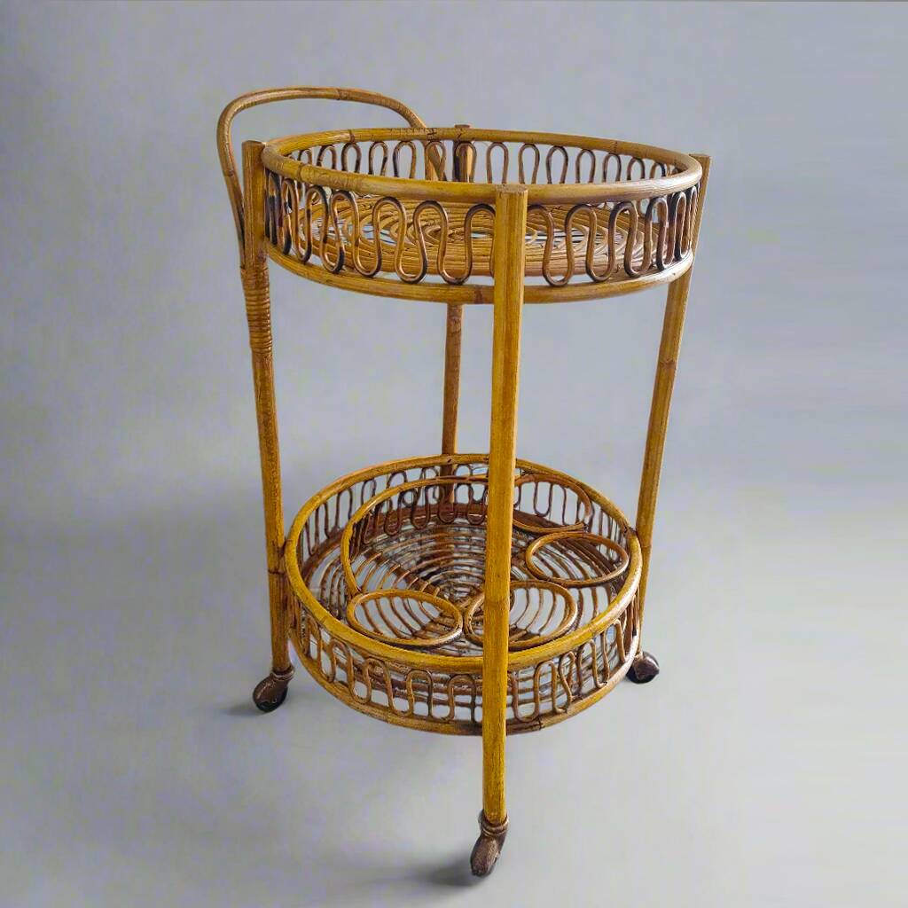 1960s Bamboo & Rattan Serving Bar Cart Trolley by Franco Albini. Made in Italy