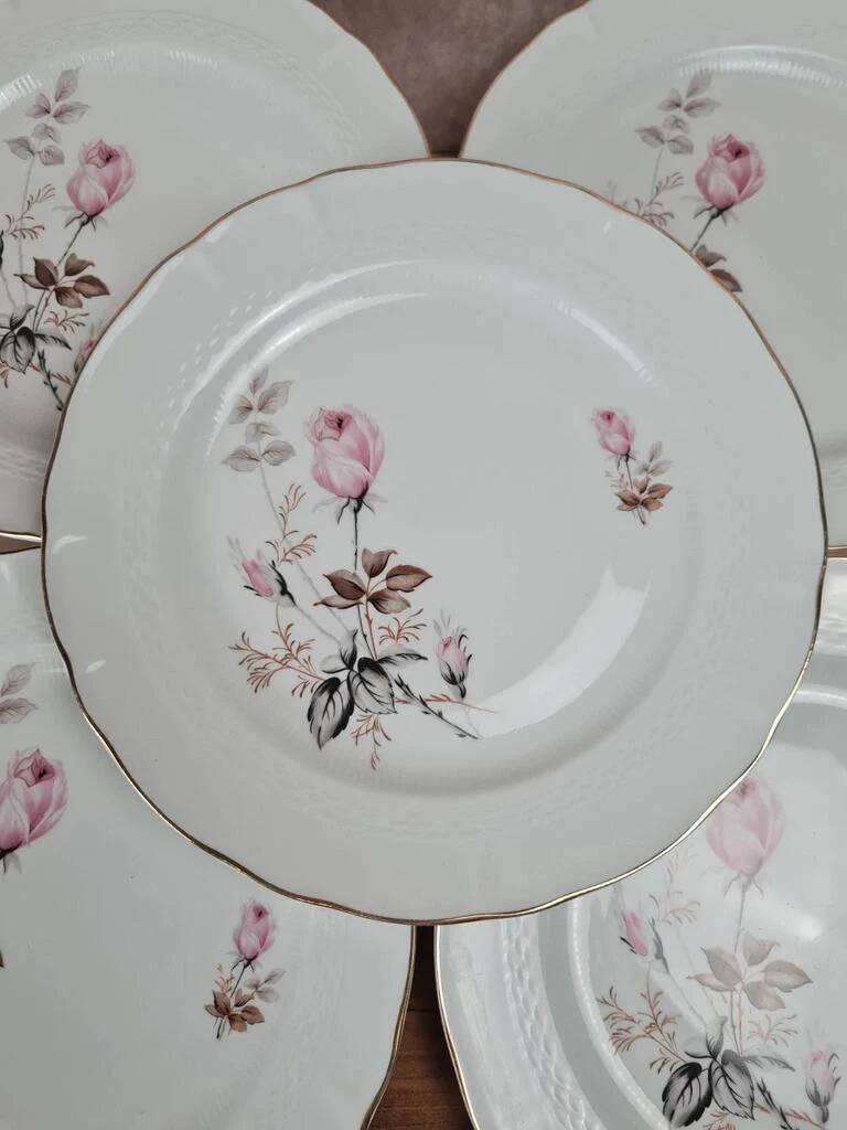 Set of 6 porcelain plates Tognana – antique rose pattern & gold rim