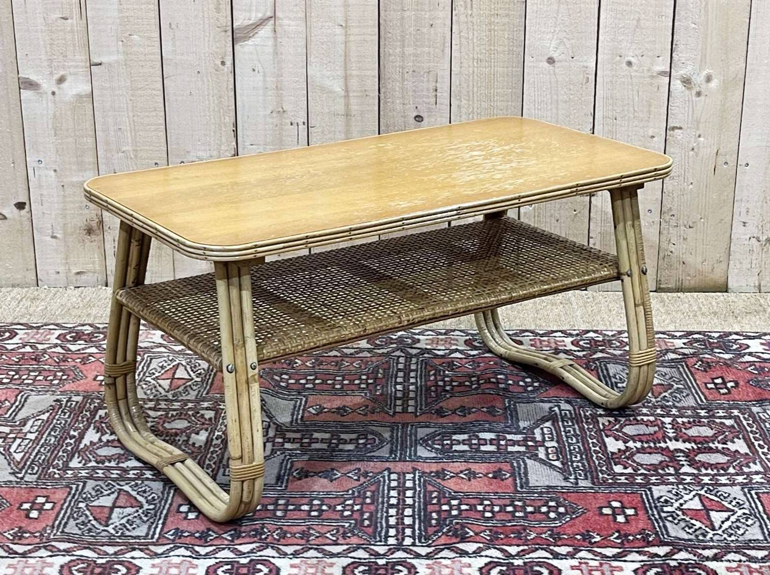 Rattan coffee table and caned shelf from the 1970s.