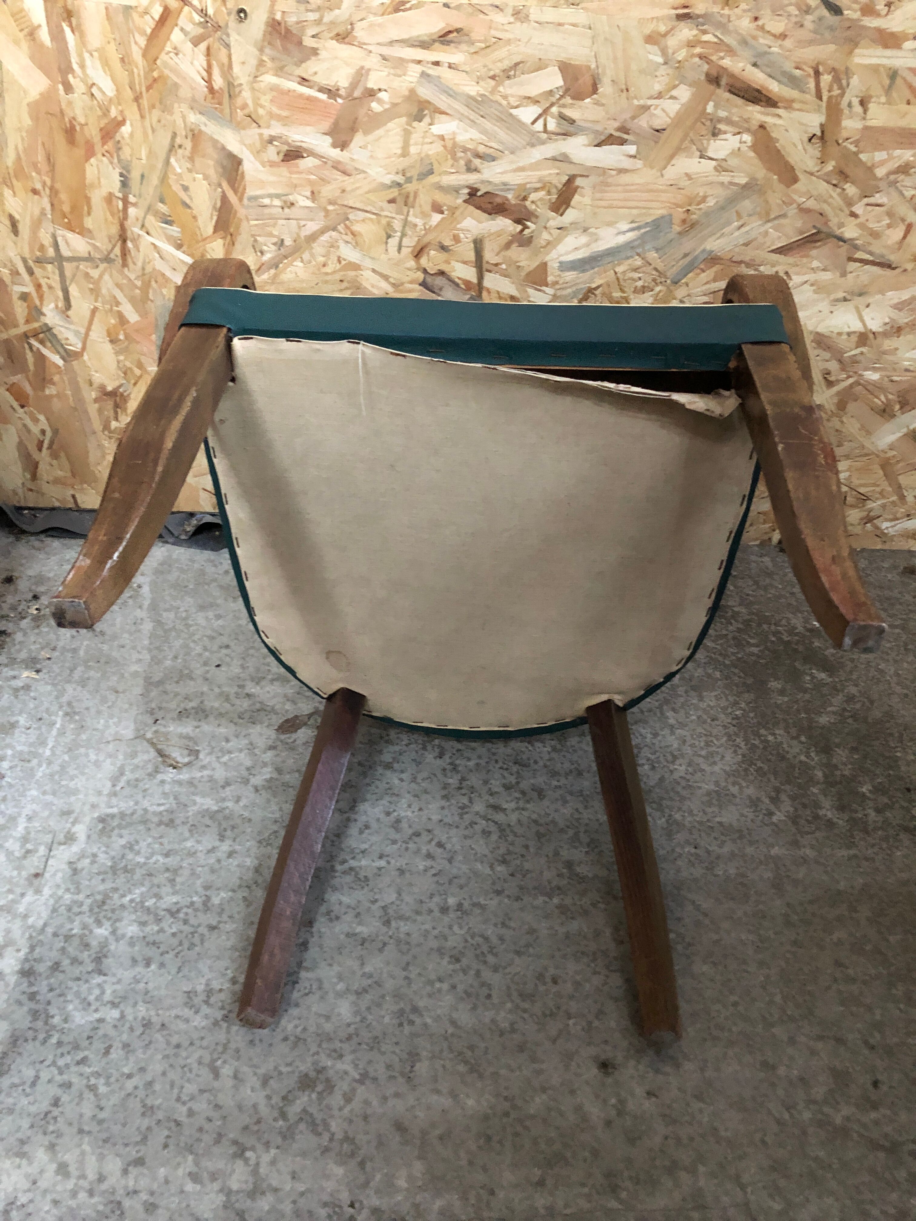 Old wooden bridge armchair + seat & back skaï vintage green