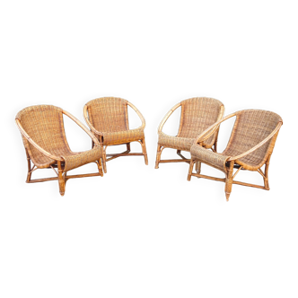 Lot de 4 fauteuils coquilles en rotin