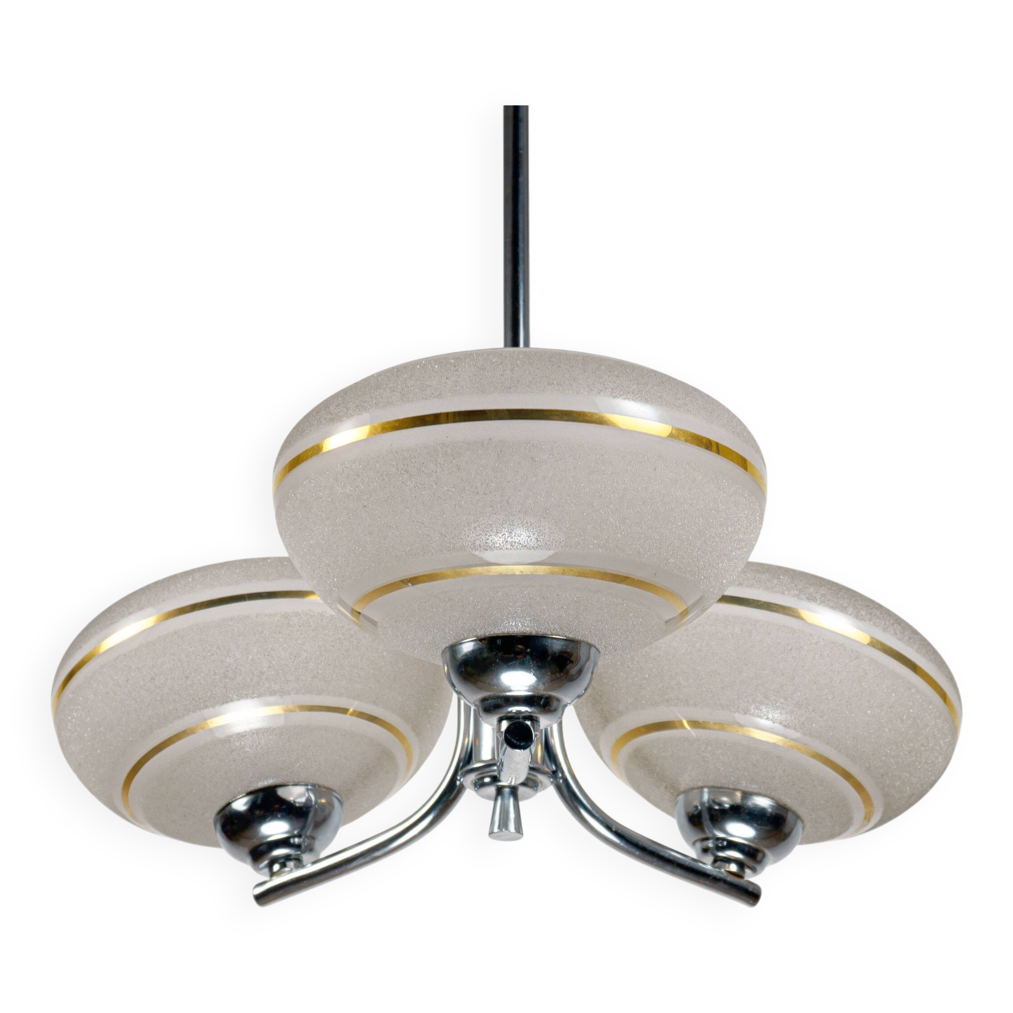 1930s English Art Deco 3-Arm Chrome & Gold Gilt Glass Chandelier Lamp