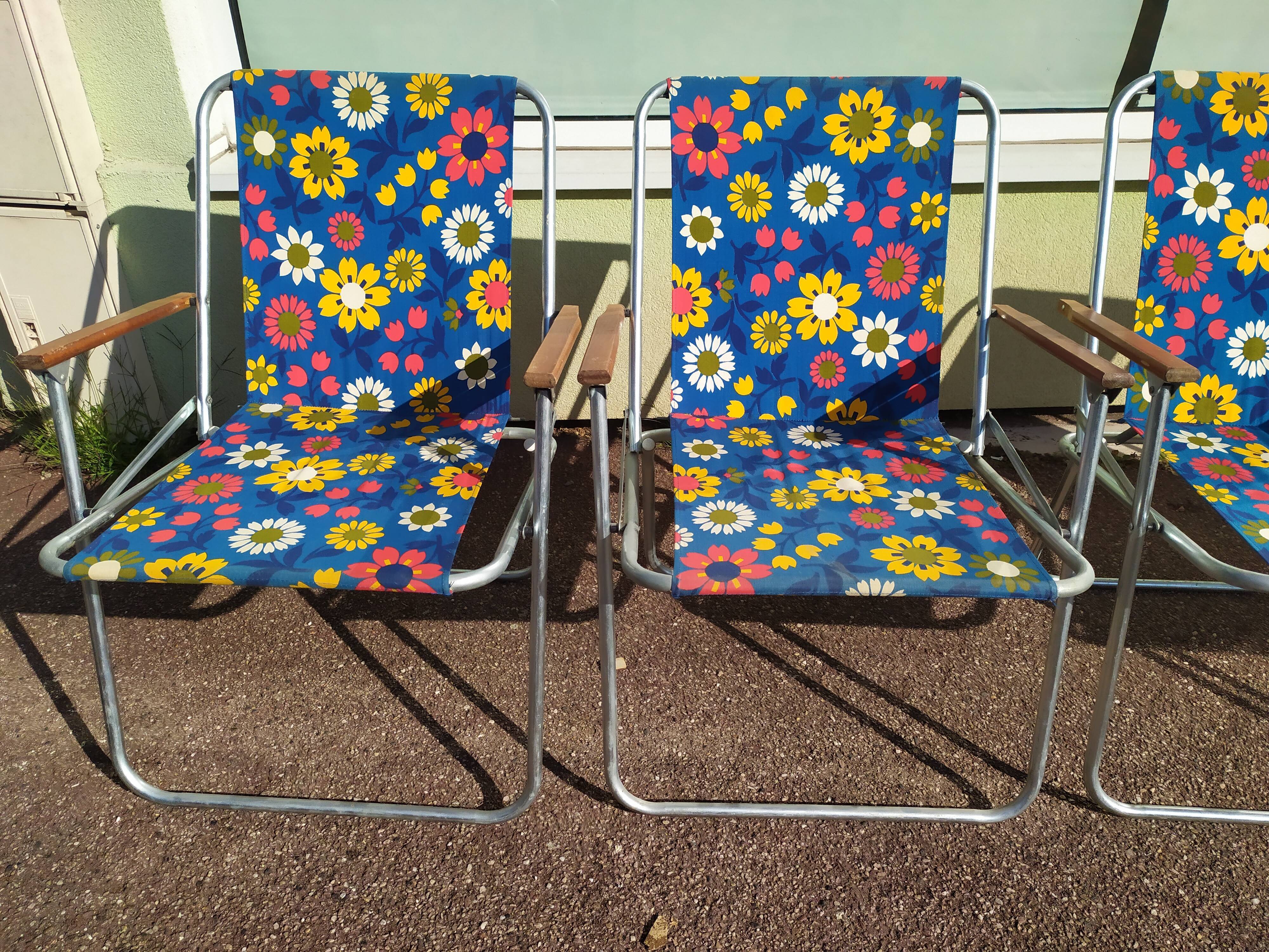Lot de 4 chaise de camping pliante vintage bleu fleur