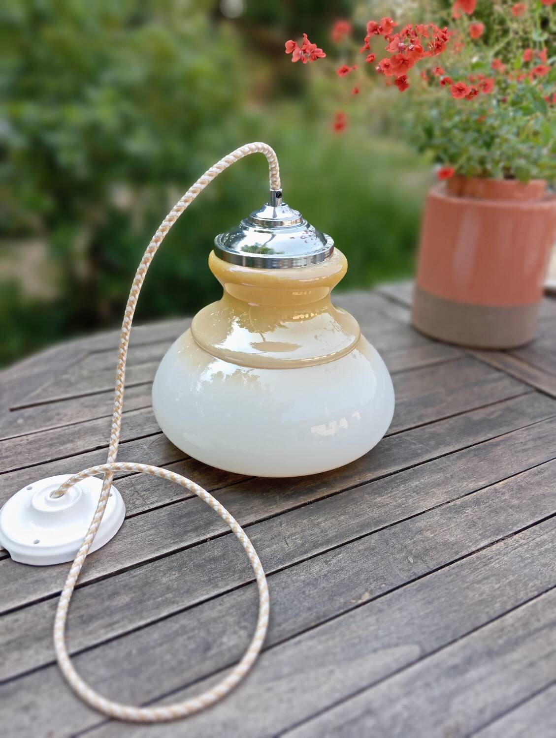 Honey cream opaline pendant light with chrome finish