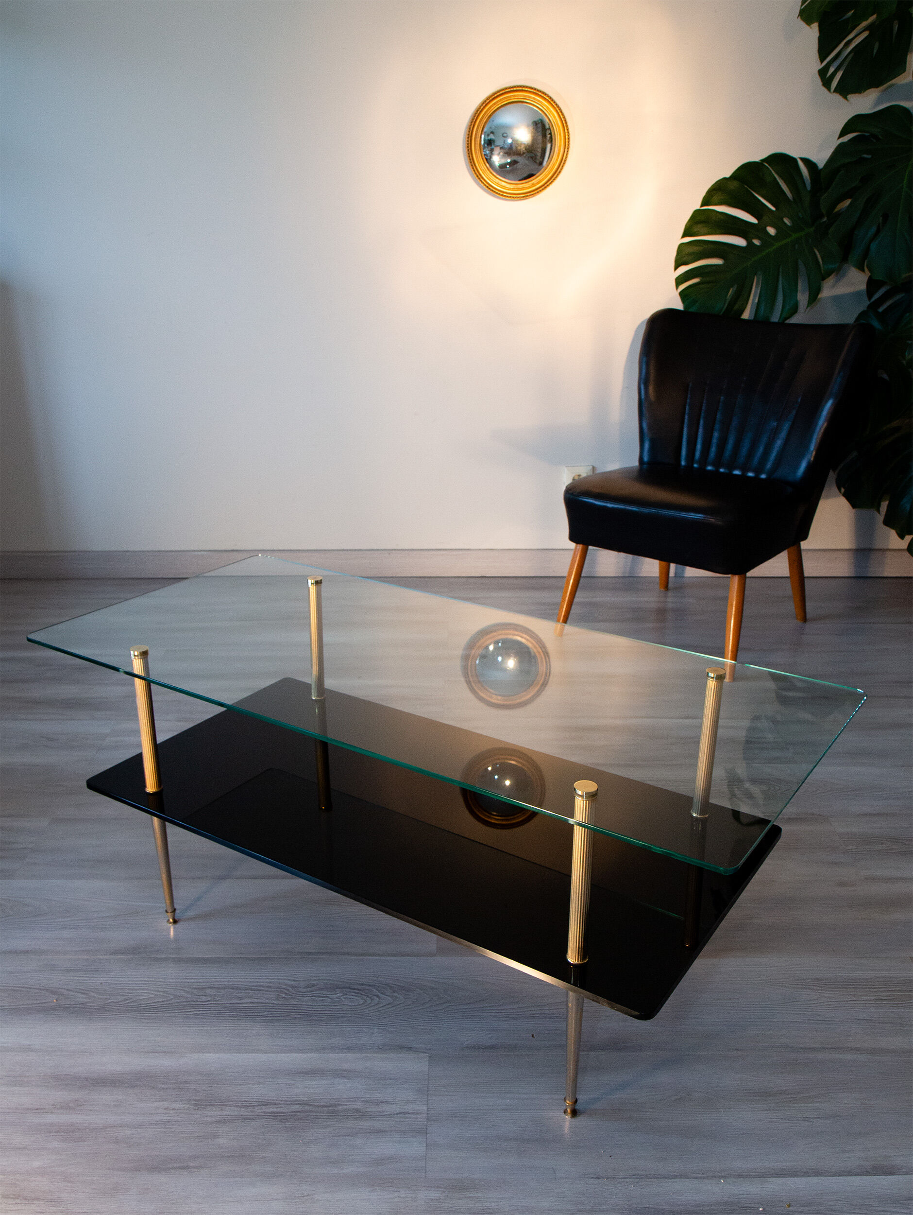 Double coffee table top of glass and gilded metal, 1950