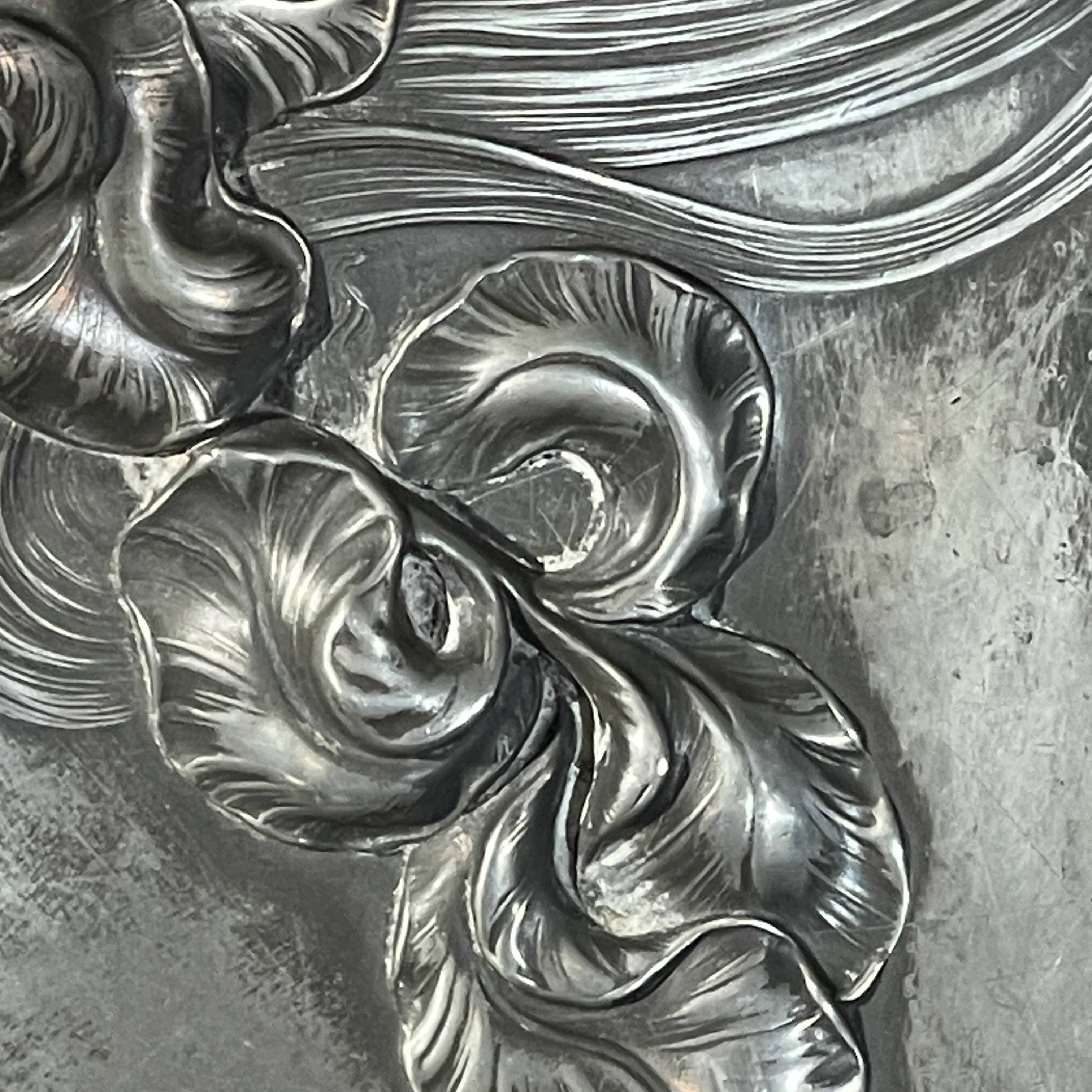 WMF "Woman with Irises" No. 290 Art Nouveau openwork tray, silver-plated metal, ca 1906