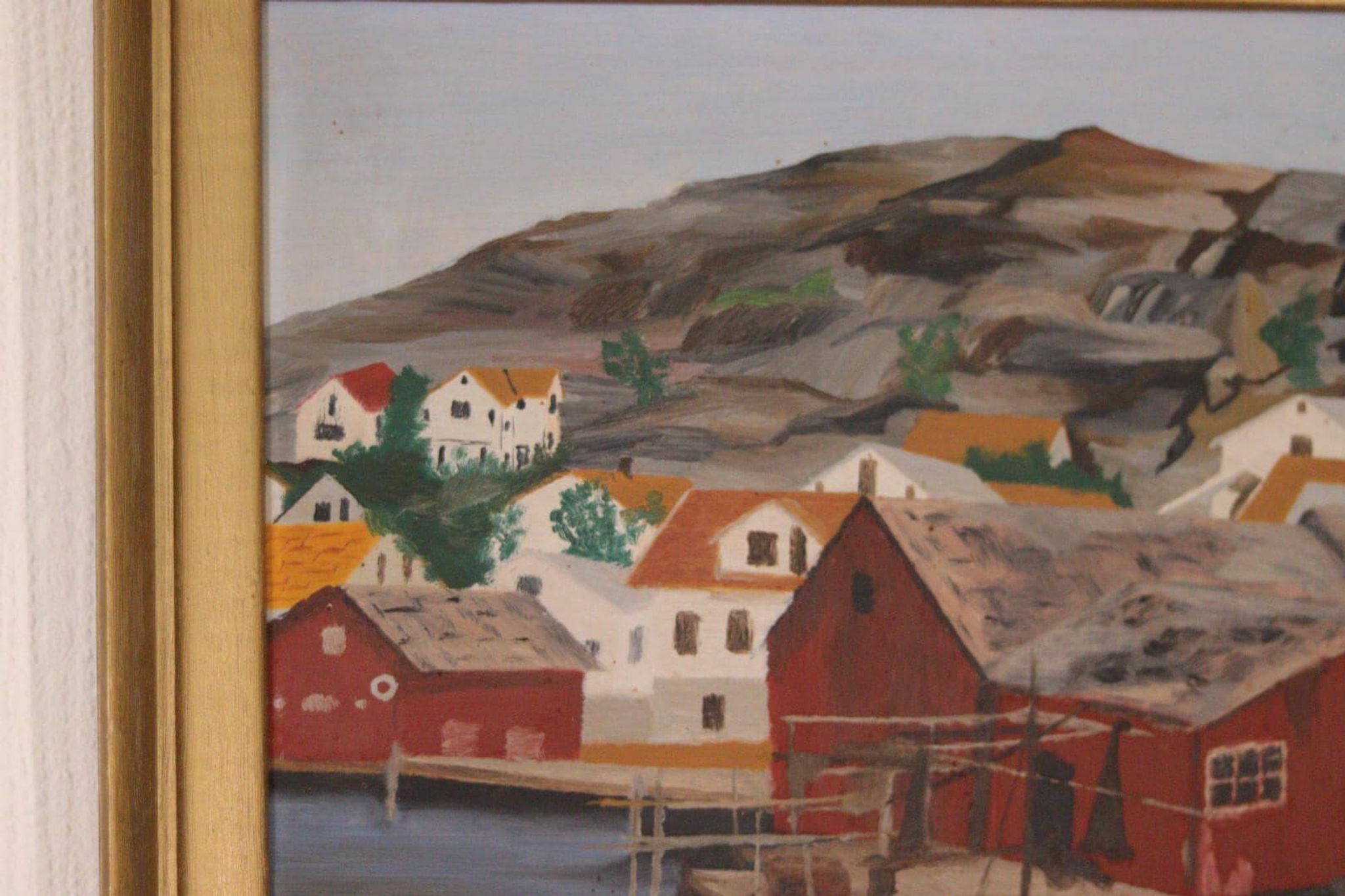 Huile sur panneau suédoise originale du milieu du siècle – ville côtière