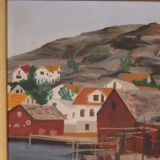 Huile sur panneau suédoise originale du milieu du siècle – ville côtière