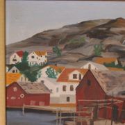 Huile sur panneau suédoise originale du milieu du siècle – ville côtière