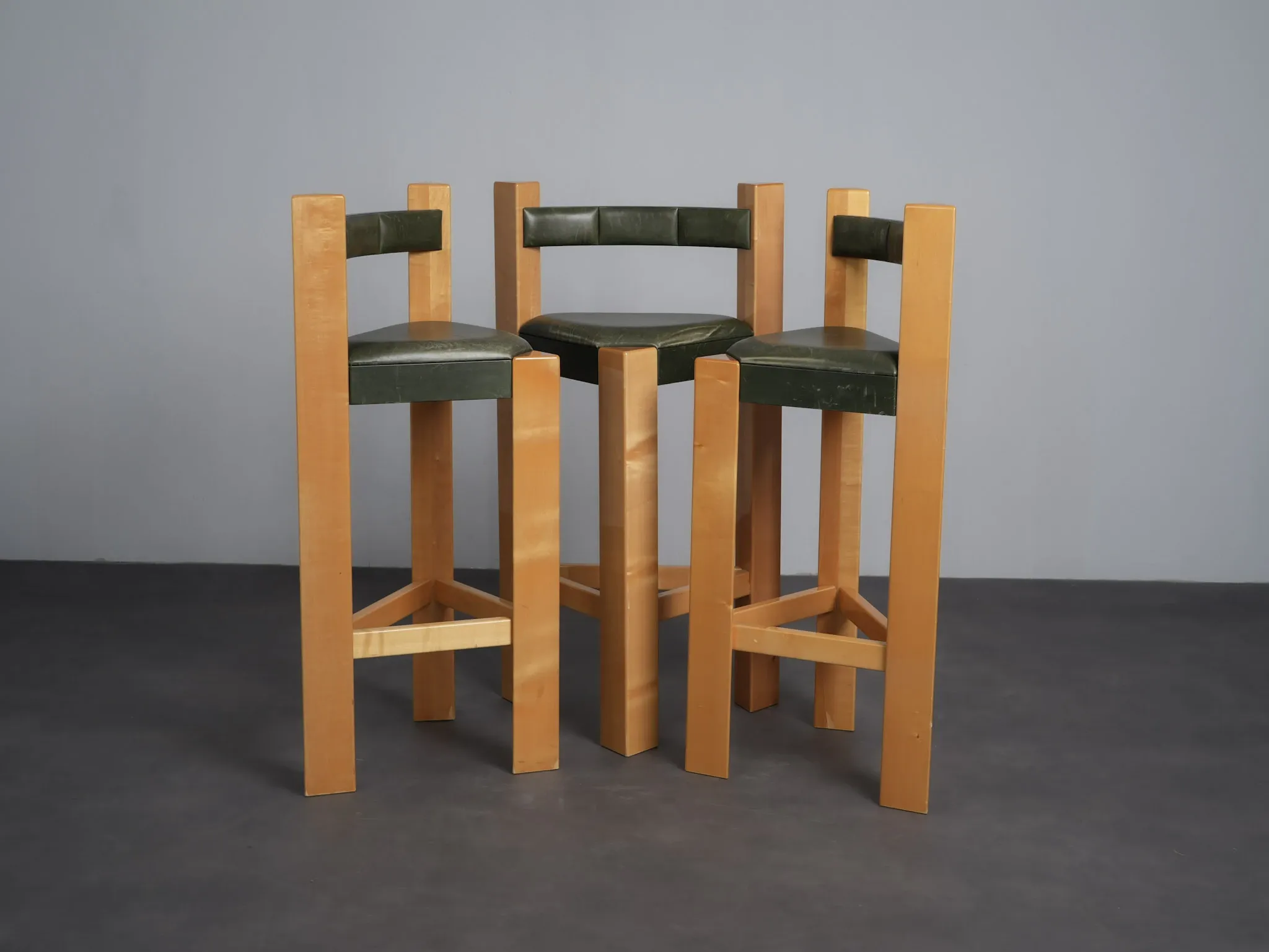 Set of 3 architectural wood and leather bar stools, Netherlands, 1990s