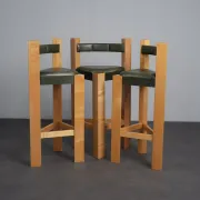 Set of 3 architectural wood and leather bar stools, Netherlands, 1990s