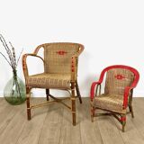 Duo d'anciens fauteuils en osier adulte et enfant