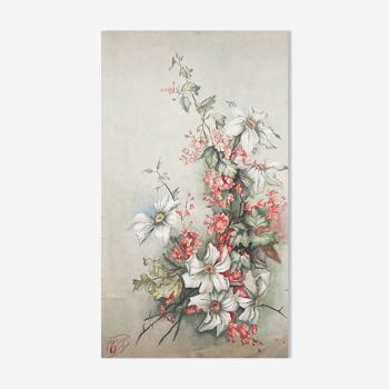 Watercolor painting "Eglantine Flowers" signed around 1900 on Vidalon paper