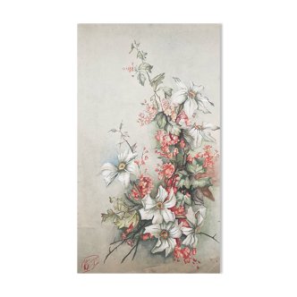 Watercolor painting "Eglantine Flowers" signed around 1900 on Vidalon paper