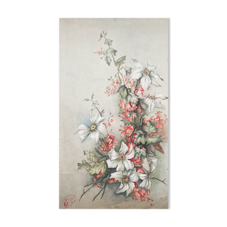 Tableau Aquarelle "Fleurs d'Eglantines" signé vers 1900 papier Vidalon