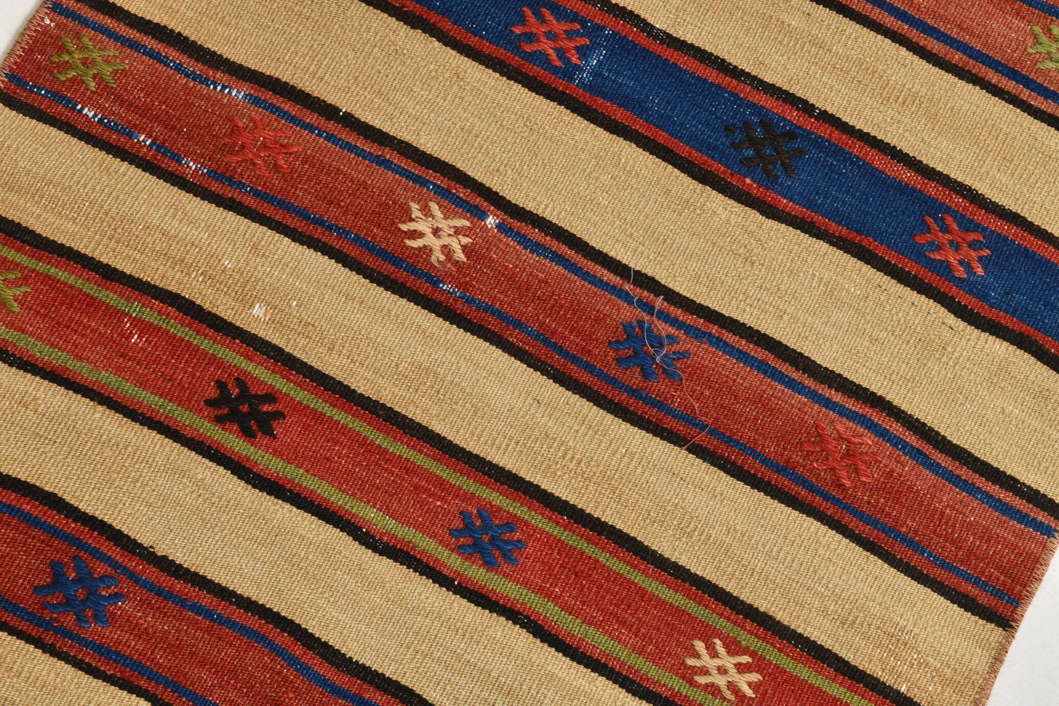 Vintage Sand Beige & Blue Kilim Runner Rug, 70x258Cm