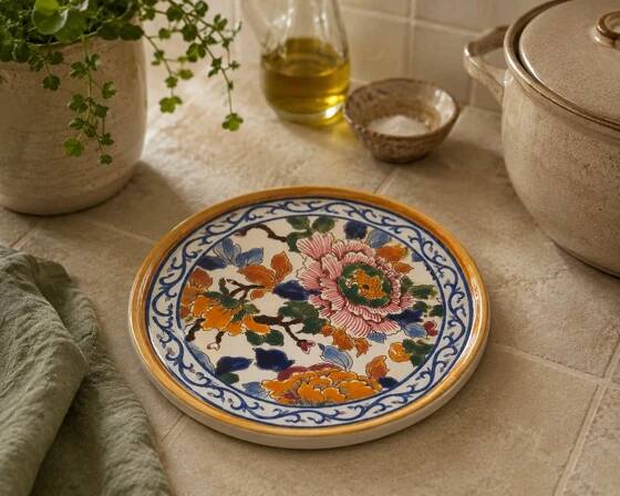 Gien earthenware trivet, peony pattern