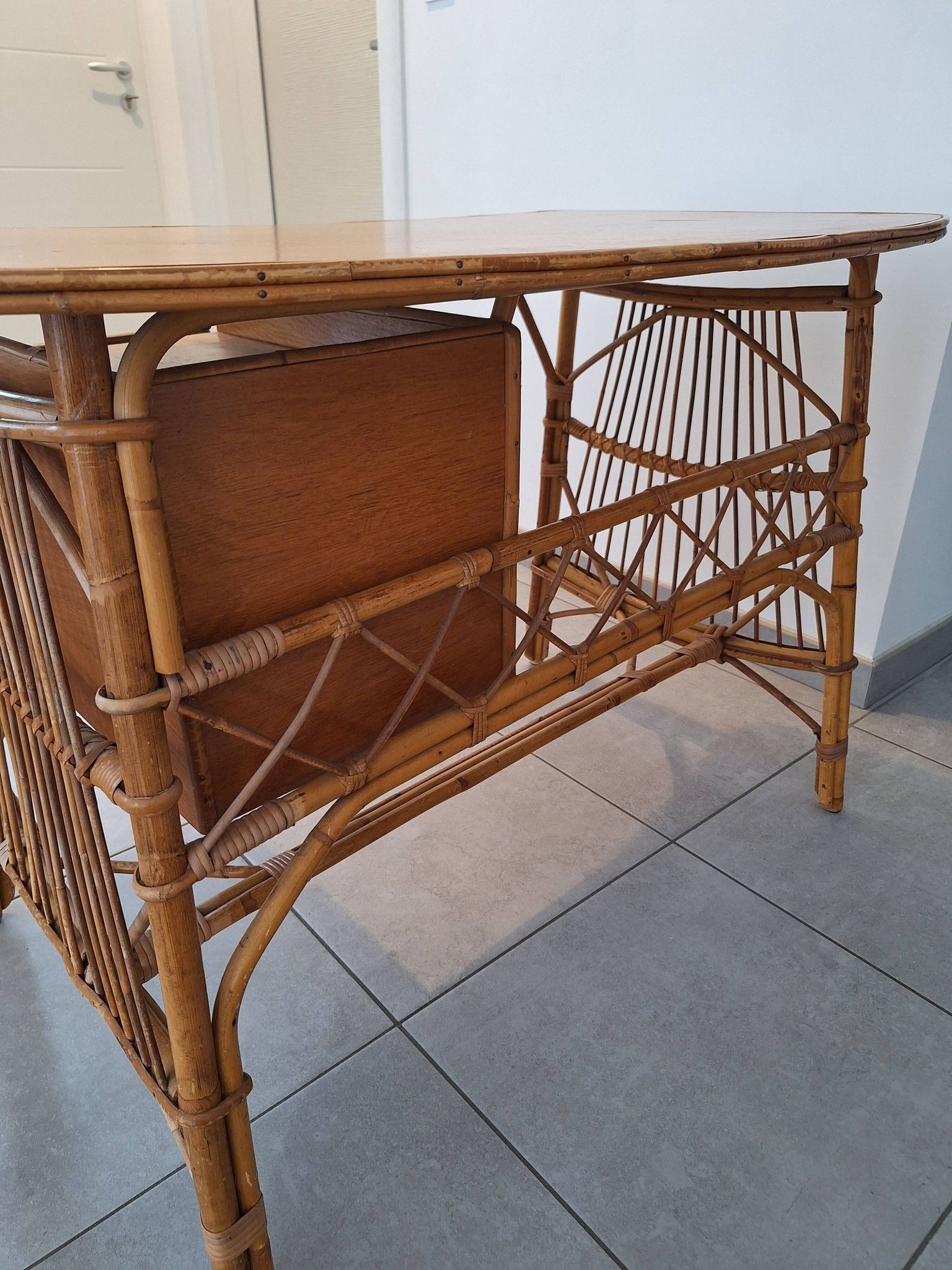 Rattan and bamboo desk with chair - Audoux Minet style from the 1970s.