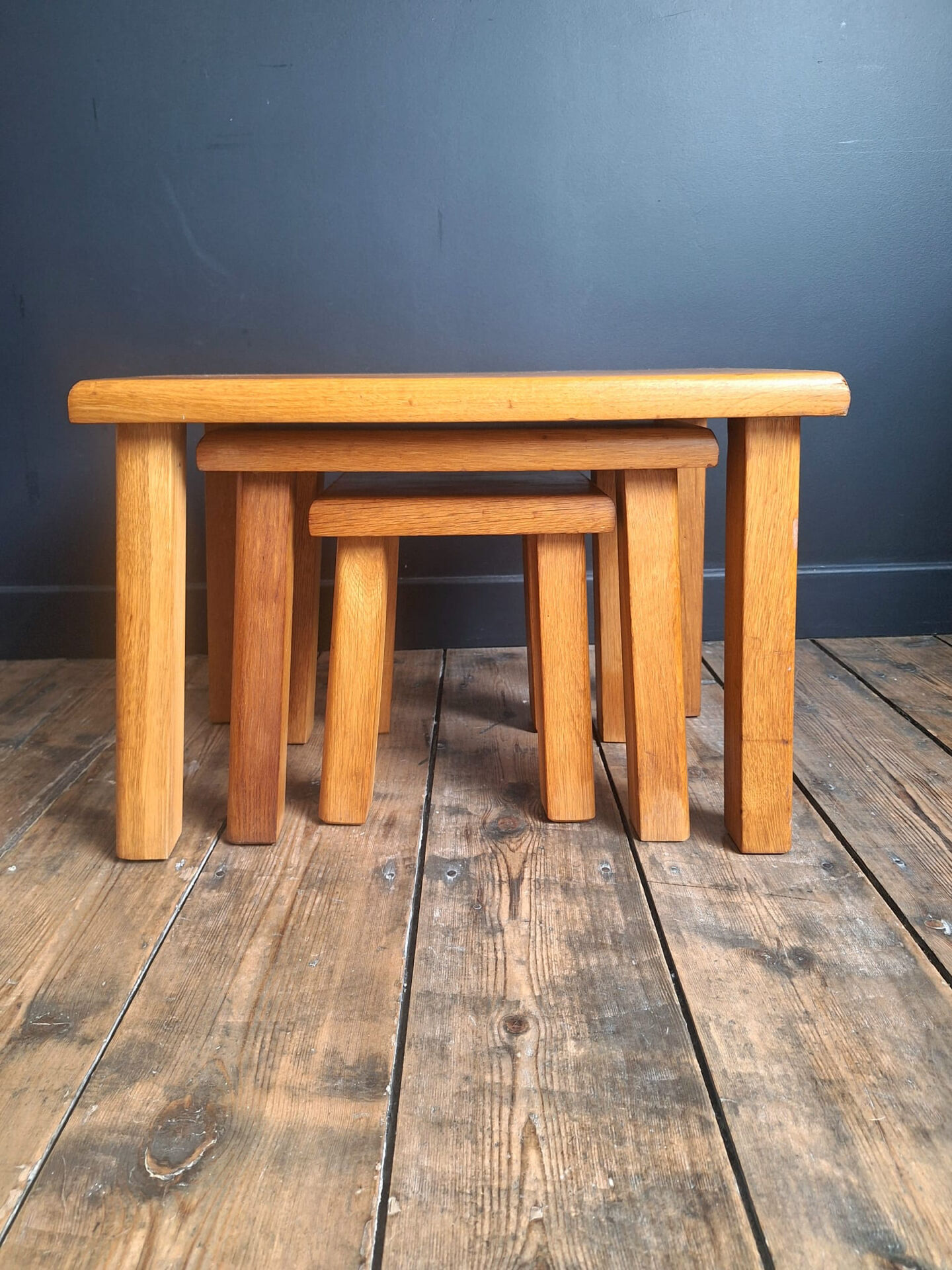 3 nesting tables in vintage elm, brutalist design.