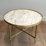 Neoclassical style round coffee table in brass with a white Carrara marble top from Jansen