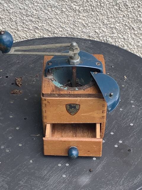 Peugeot Freres coffee grinder in wood and vintage blue metal