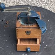 Peugeot Freres coffee grinder in wood and vintage blue metal