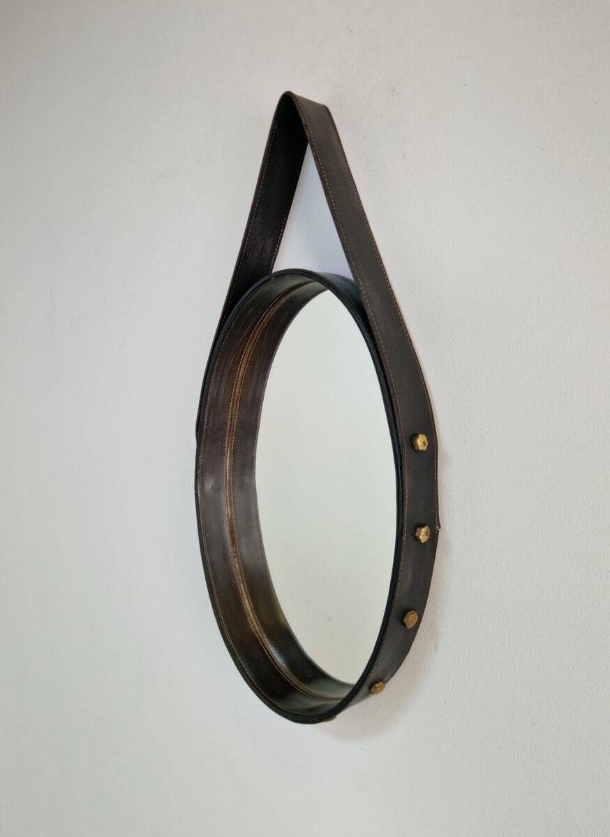 Florentine Oval Leather Mirror in Brass by Jacques Adnet, 1960s