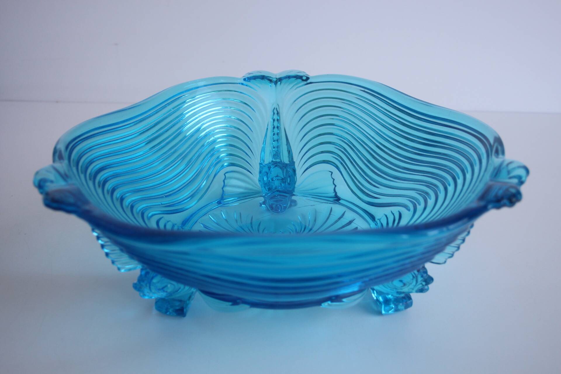 Rare Art Deco Glass Josef Inwald With Fish Feet Bowl-Gorgeous Rich Blue