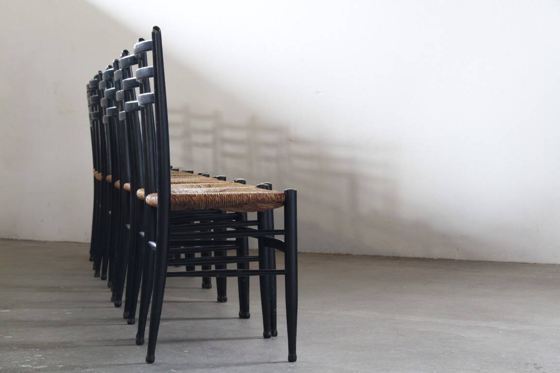 Vintage set of 8 Italian papercord black dining chairs, woven seat, 1950s