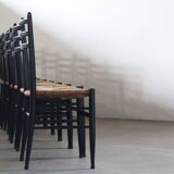 Vintage set of 8 Italian papercord black dining chairs, woven seat, 1950s