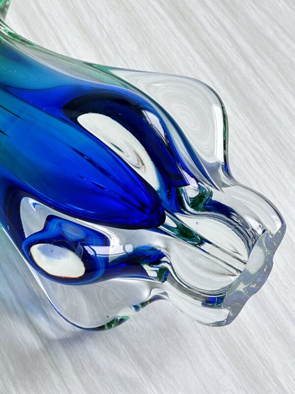 Vase en verre soufflé bleu et vert style Murano