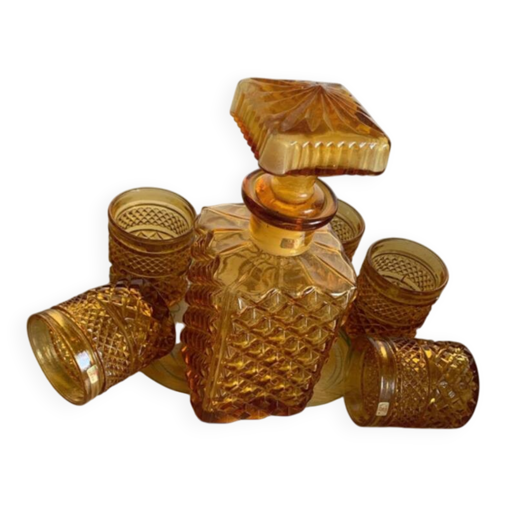 Vintage Italian liqueur service in amber glass – "Pointe de" work