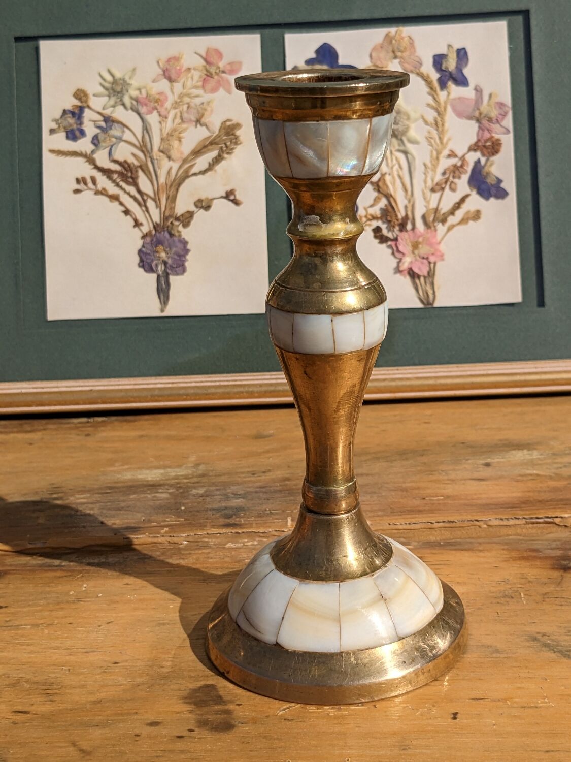 Brass and mother-of-pearl candle holder
