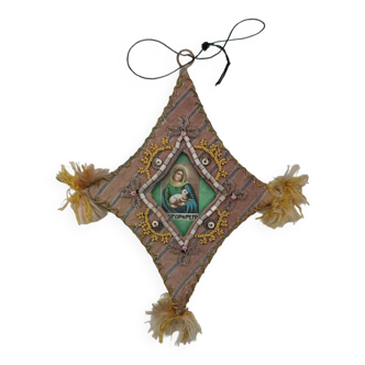 Old ex voto scapular in fabric embroidered with a Madonna 19th century