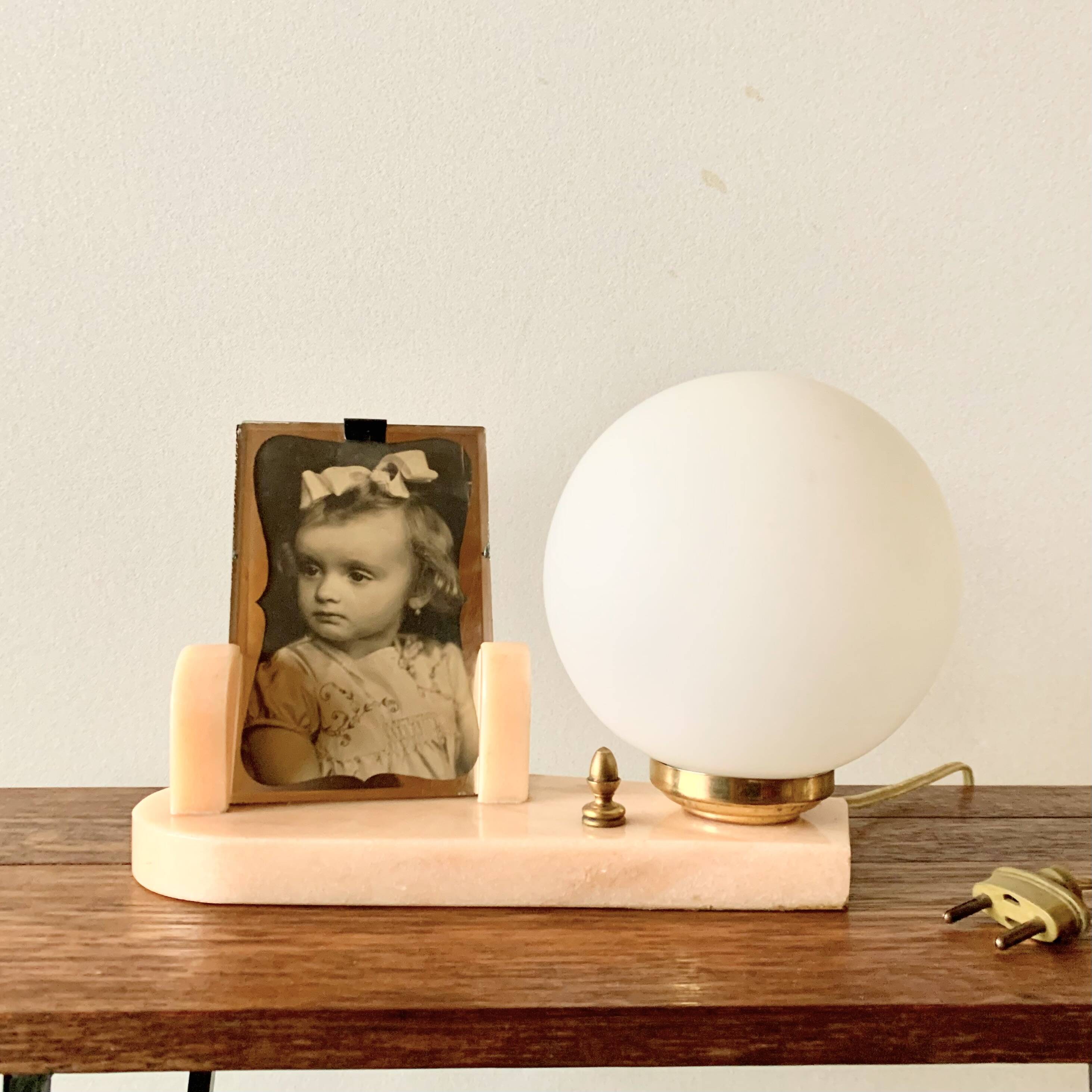 Art Deco pink marble and glass bedside lamp with photo holder