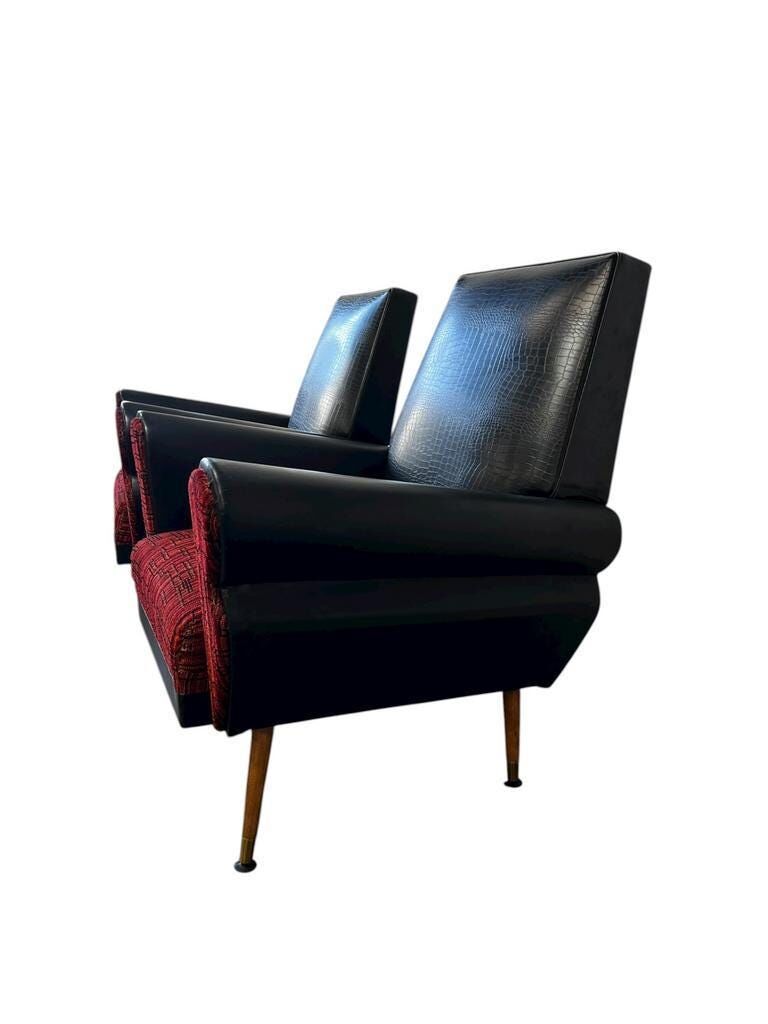 Set of 2 vintage black and red armchairs / armchairs / individual armchairs
