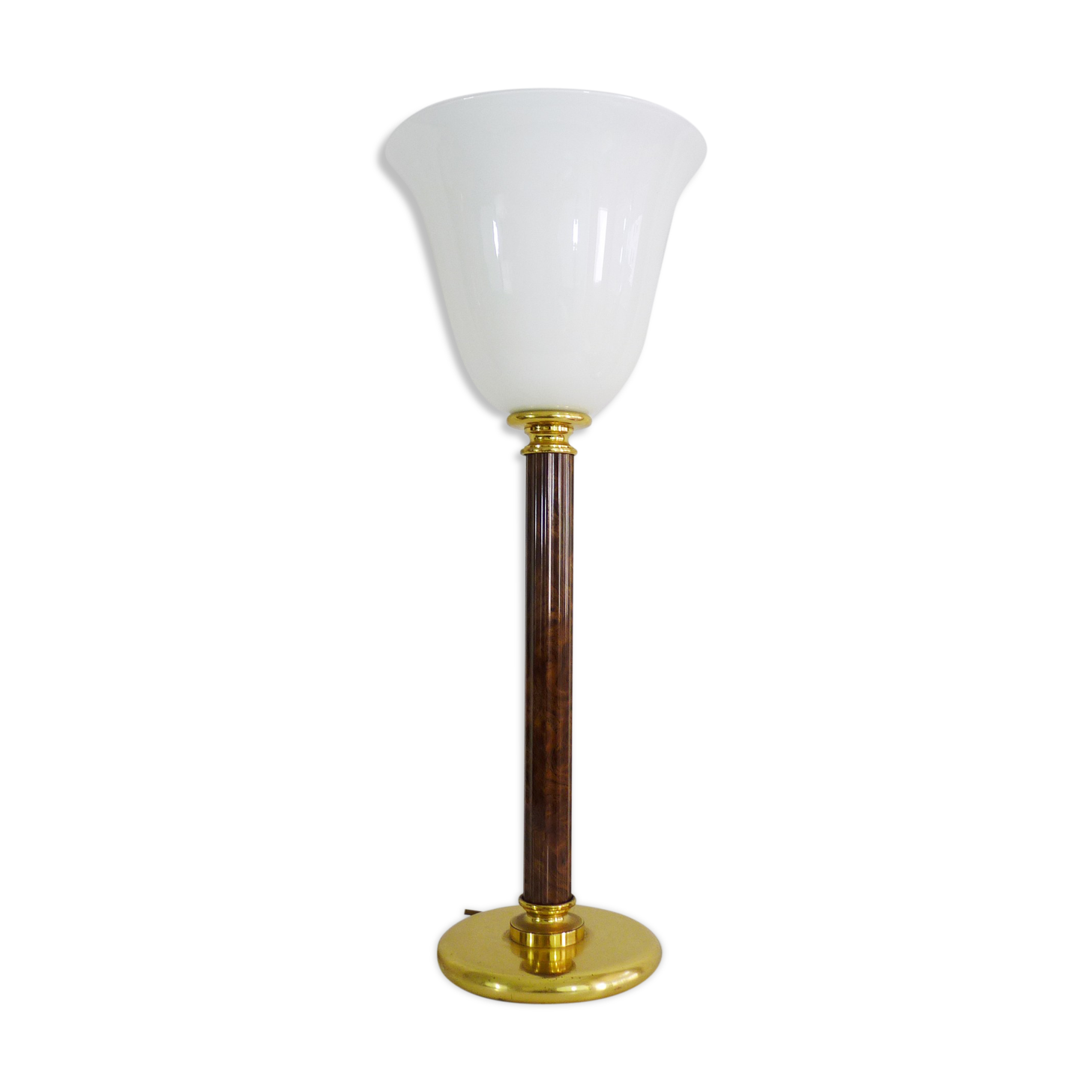 Mazda lamp in gilded metal, foot imitation wood and white opaline. Year 60