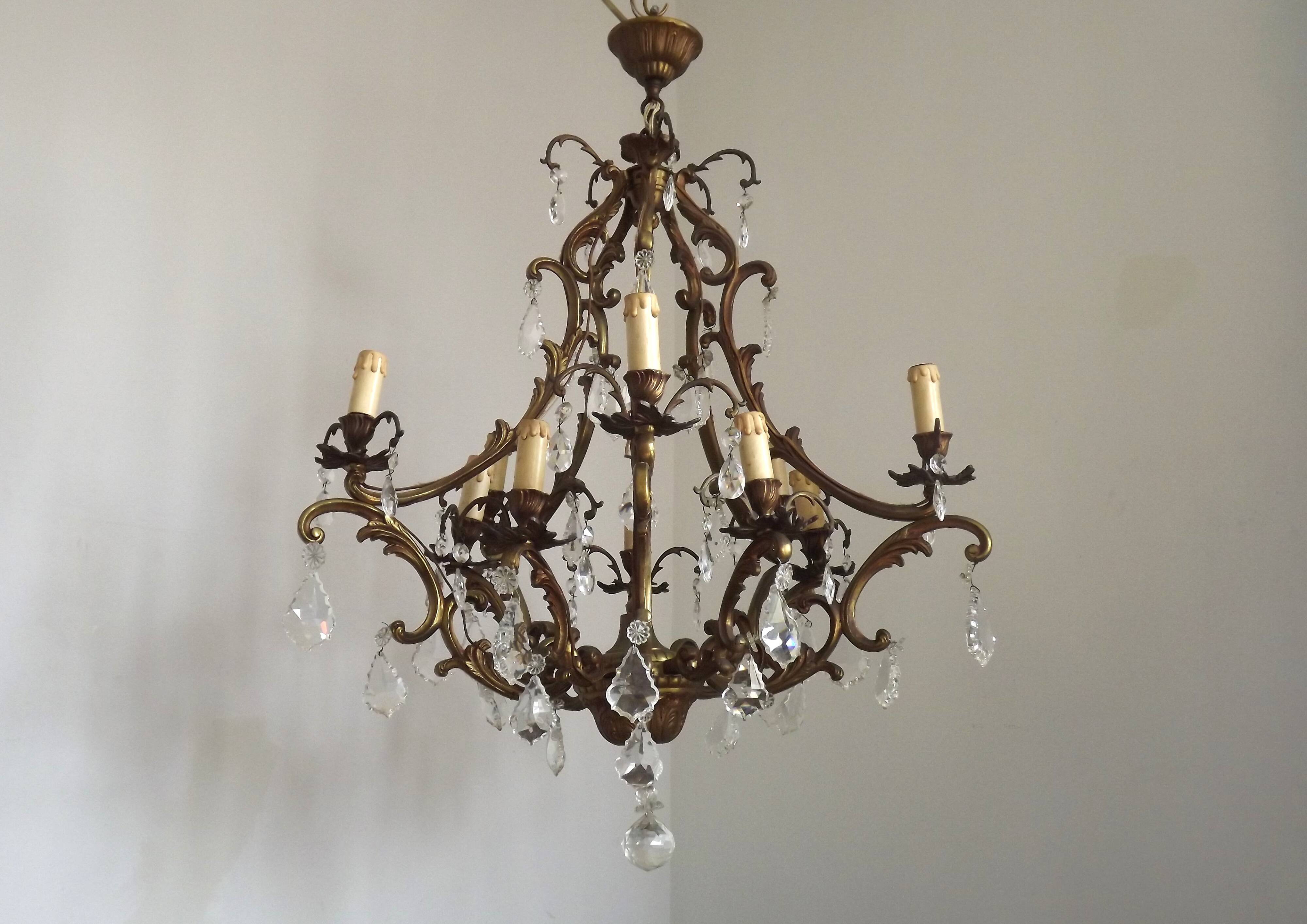10 Light 5 Sided Bronze and Crystal Cage Chandelier