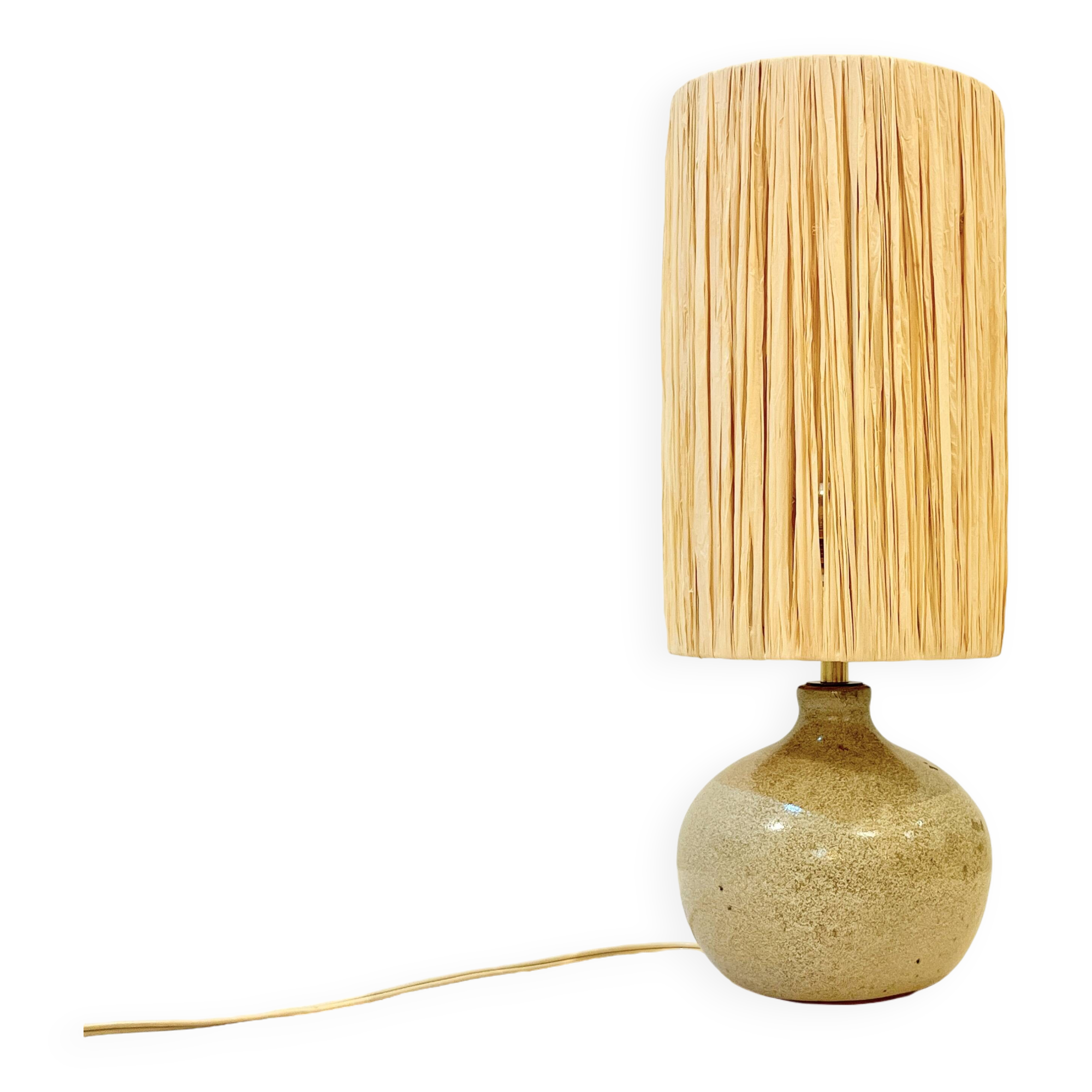 Signed ball lamp in vintage beige stoneware 1970 raffia rope lampshade 70s bohemian chic
