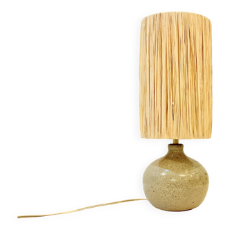 Signed ball lamp in vintage beige stoneware 1970 raffia rope lampshade 70s bohemian chic